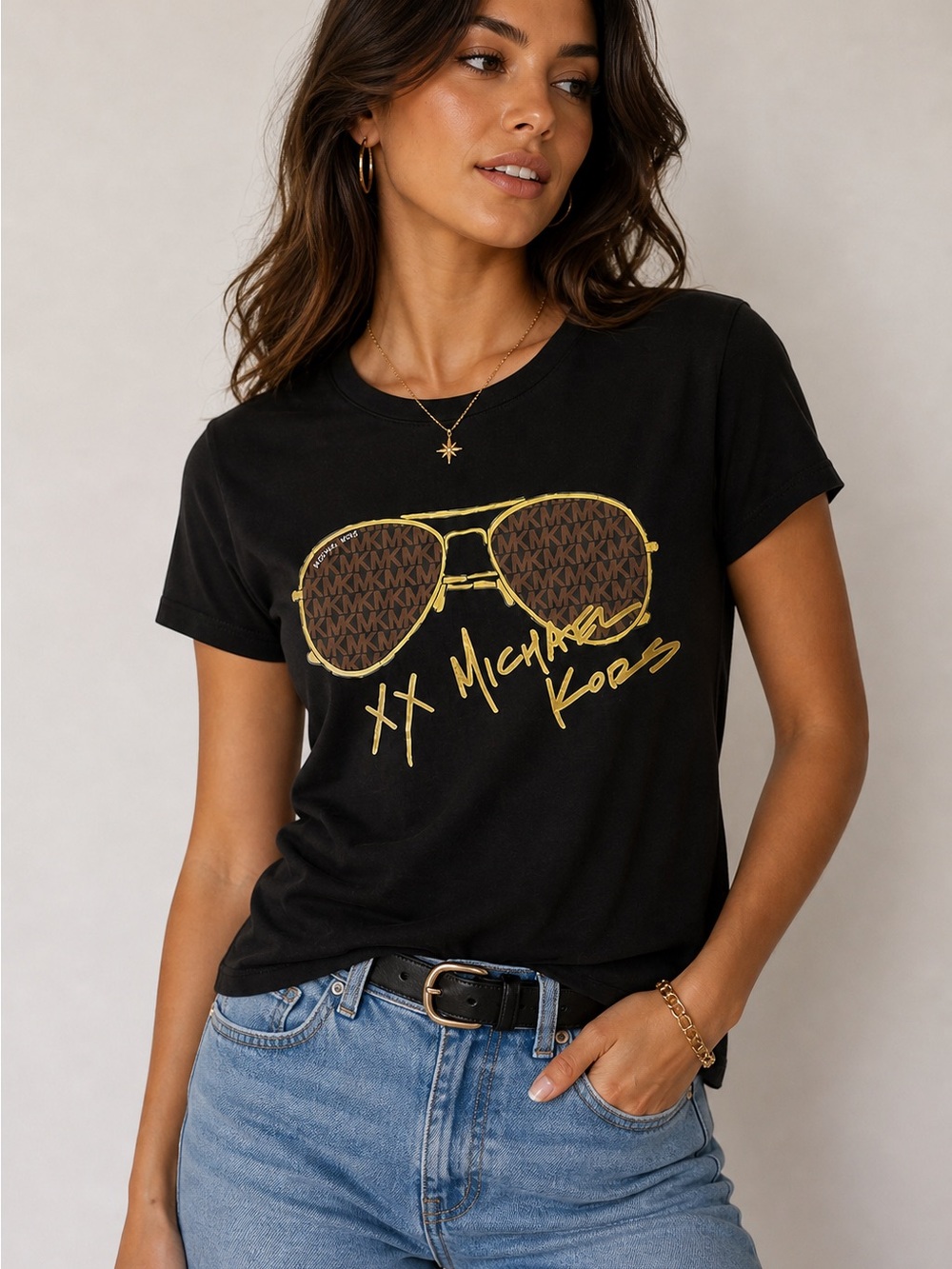 Michael Kors Chocolate Tee with Gold Aviator Graphic